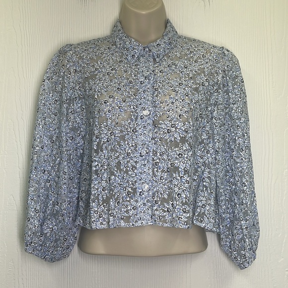 Zara - Blue And White Floral Mesh Button Down Crop Long Sleeve Blouse Size XS - Picture 2 of 8